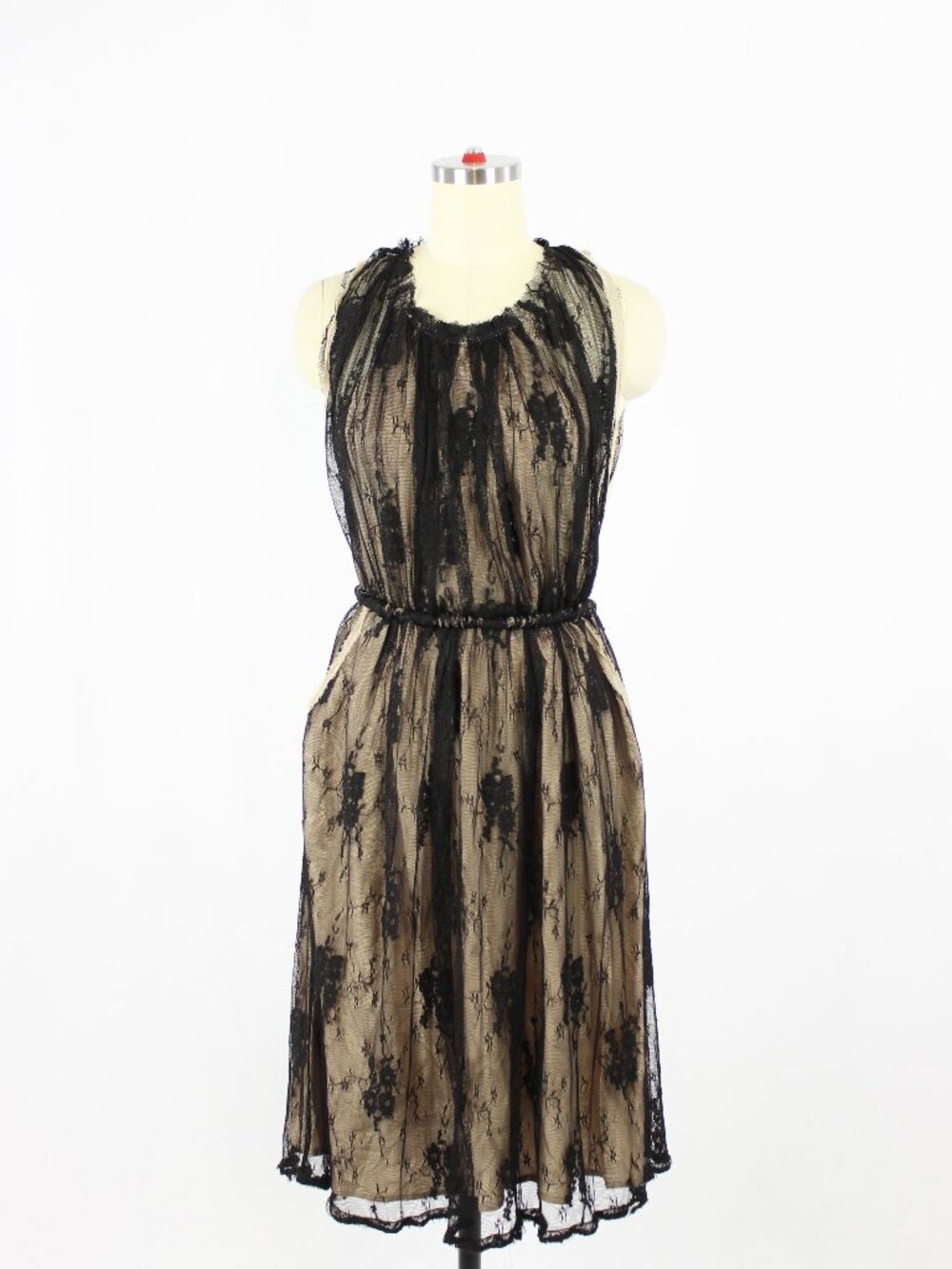 NWT Aritzia WILFRED Black Vintage Lace Beige 100% Silk Habotai Dress, Size XXS